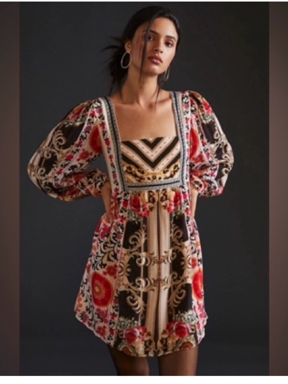 Anthropologie Nikasha Floral Puff Sleeve Baroque Mini Dress Size Small/ Medium